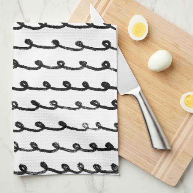Inky Loops Chic Hand Drawn Lines Black & White Tea Towel (Quarter Fold)