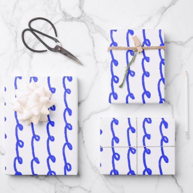 Inky Loops Chic Hand Drawn Lines Blue & White Wrapping Paper Sheet (Front)