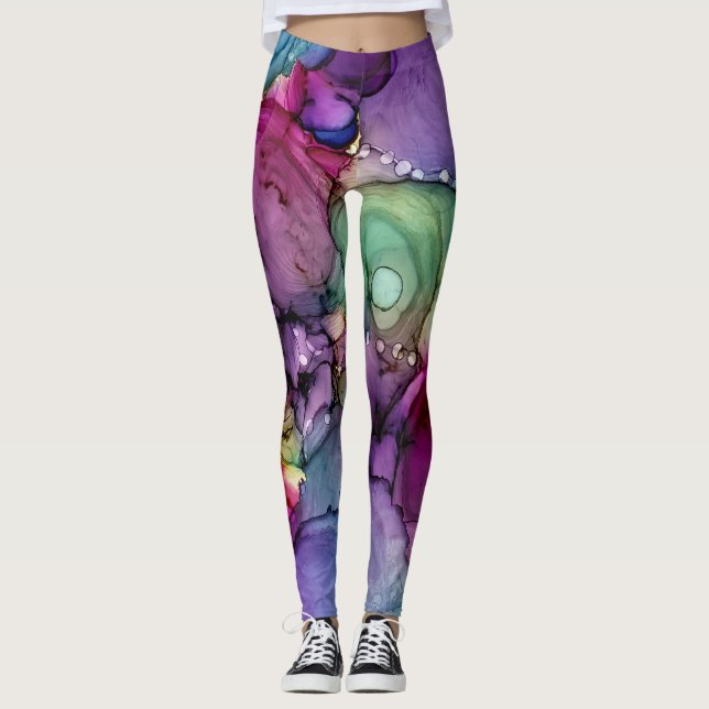 Inky Multicolored Alcohol Ink Liquid Abstract Art Leggings (Front)