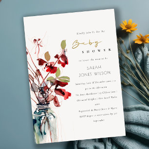 Inky Red Green Vintage Boho Florals Baby Shower Invitation