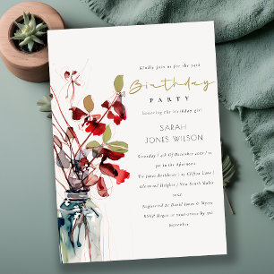Inky Red Green Vintage Boho Florals Birthday Invitation