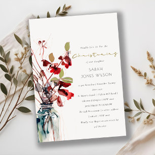 Inky Red Green Vintage Boho Florals Christening Invitation