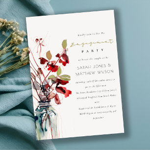 Inky Red Green Vintage Boho Florals Engagement Invitation