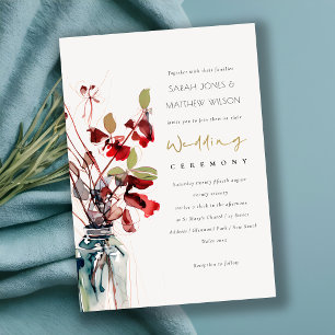 Inky Red Green Vintage Boho Florals Wedding Invitation