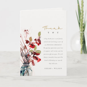 Inky Red Green Vintage Boho Florals Wedding Thank You Card