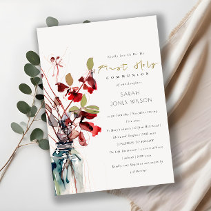 Inky Red Green Vintage Floral First Holy Communion Invitation