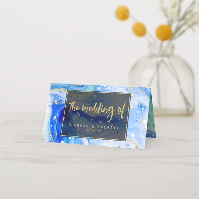 Inky Splash Blue Marble Gold Wedding Table Number Place Card (Back)