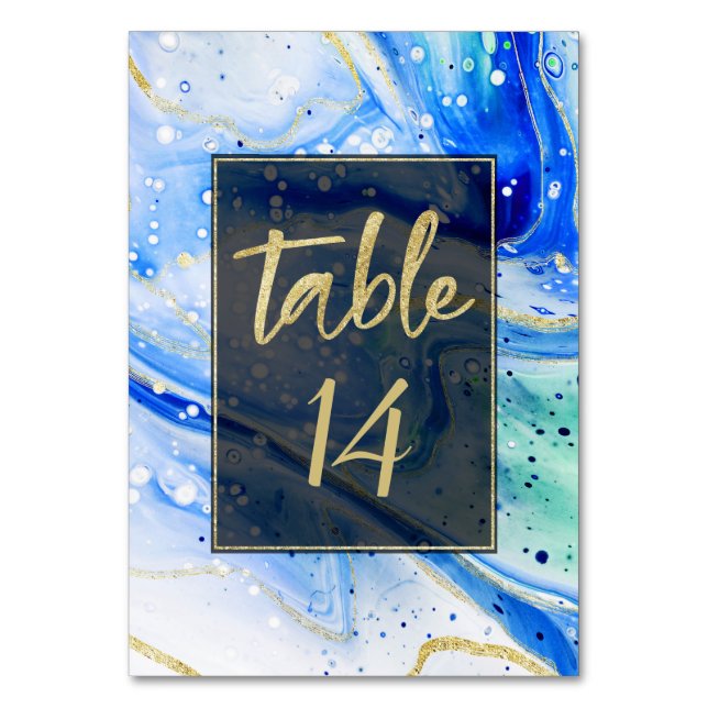 Inky Splash Blue Marble with Gold foil Wedding Table Number (Front)