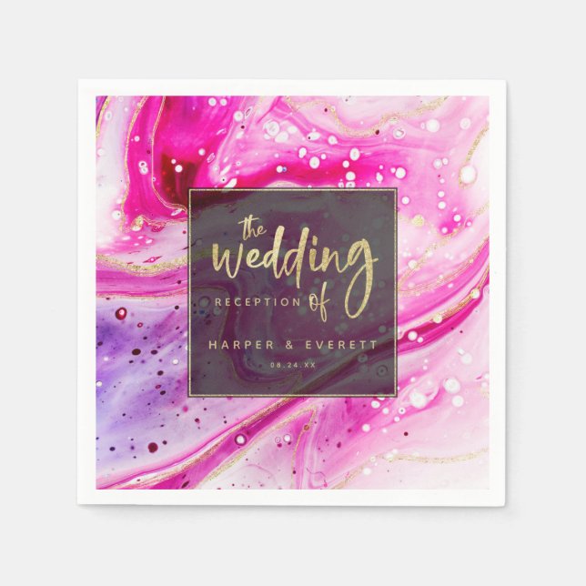 Inky Splash Pink Marble with Gold foil Wedding Napkin (Front)