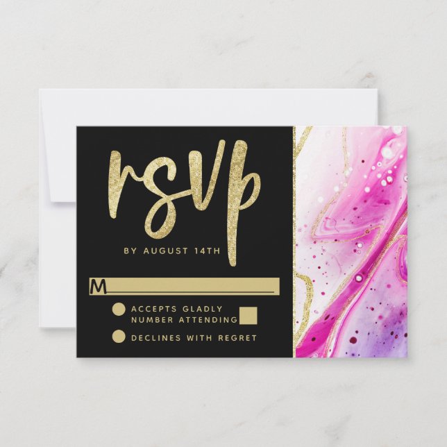 Inky Splash Pink Marble with Gold foil Wedding RSVP Card (Front)