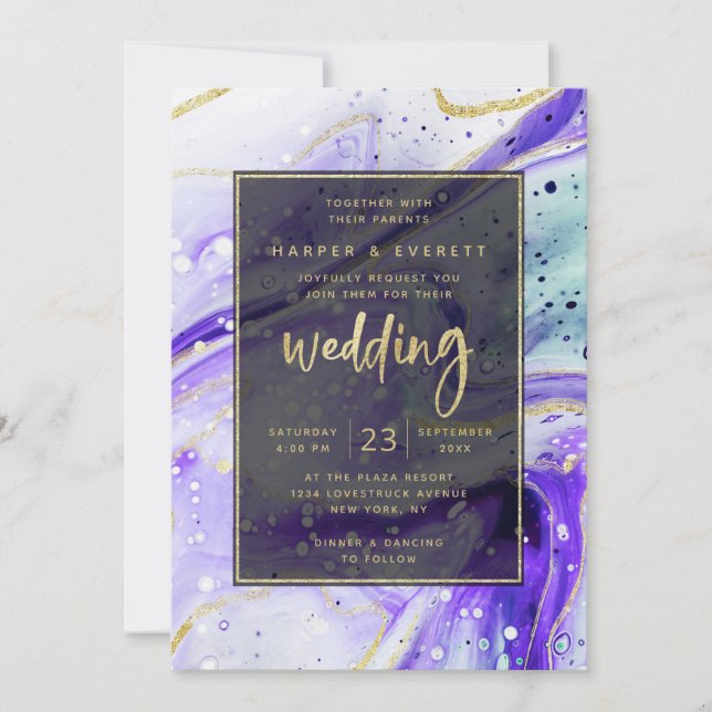 Inky Splash Purple Marble with Gold foil Wedding Invitation (Front)