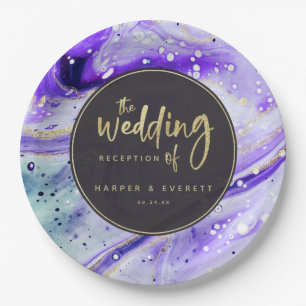 Inky Splash Purple Marble with Gold Luxe Wedding Paper Plate