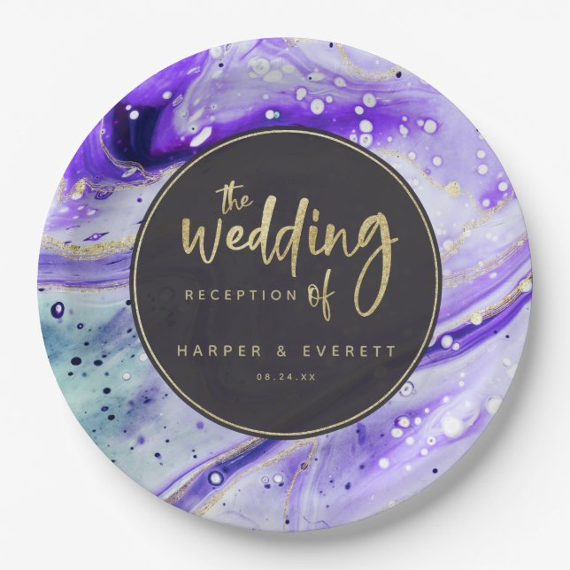 Inky Splash Purple Marble with Gold Luxe Wedding Paper Plate (Front)