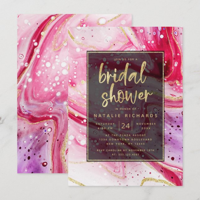 Inky Splash Red Marble with Gold Bridal Shower Invitation (Front/Back)