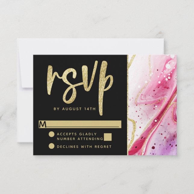 Inky Splash Red Marble with Gold foil Wedding RSVP Card (Front)