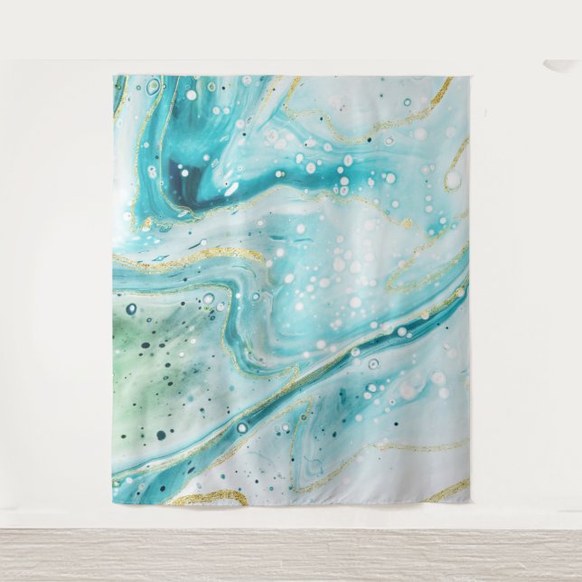Inky Splash Teal Marble Gold Photo Booth Backdrop Tapestry (Front)