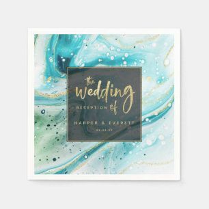 Inky Splash Teal Marble with Gold foil Wedding Napkin