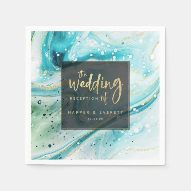Inky Splash Teal Marble with Gold foil Wedding Napkin (Front)