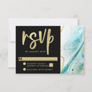 Inky Splash Teal Marble with Gold foil Wedding RSVP Card