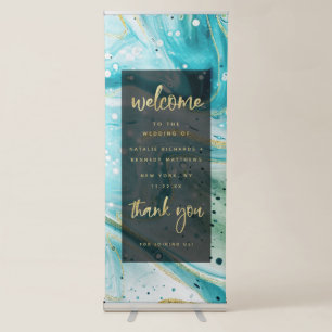 Inky Splash Teal Marble with Gold Wedding Welcome Retractable Banner