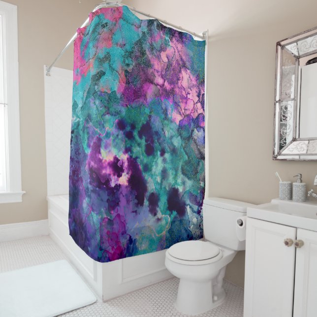 Inky Watercolor Abstract Cosmic Colour Painting Shower Curtain (In Situ)