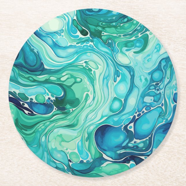Inky Wave 1 Turquoise Blue Round Paper Coaster (Front)