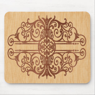 Inlaid Wood Victorian Scroll Dark in Light Mouse Mat