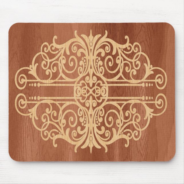 Inlaid Wood Victorian Scroll Light in Dark Mouse Mat (Front)