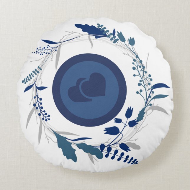 Inner Circle Blue Twin Heart shape Pattern Round Cushion (Front)