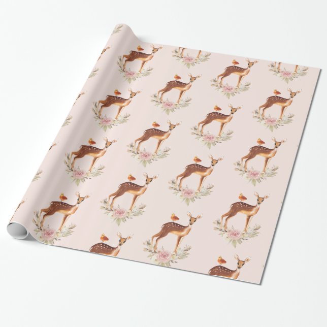 Innocent Brown Deer and Bird Friend Pattern Wrapping Paper (Unrolled)