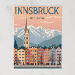 INNSBRUCK, AUSTRIA POSTCARD<br><div class="desc">a vintage vector poster of Innsbruck, showing the colourful townhouses in front of snow-capped Alps. Include a church bell tower, winter trees, and pastel sky gradients. Use flat colour fills with vintage shades: coral, alpine blue, and beige. “INNSBRUCK” in uppercase retro font centred at the top, “AUSTRIA” beneath in smaller...</div>