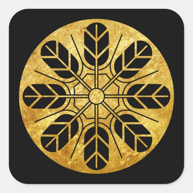 Inoue clan kamon in faux gold on black square sticker (Front)