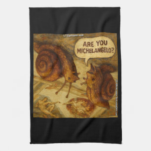 Inquisitive Snail & Michelangelo Parody Cartoon Tea Towel
