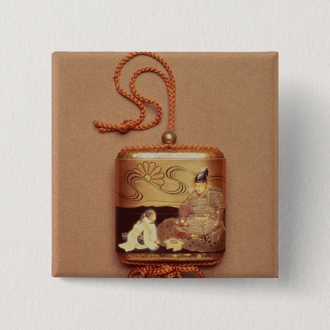 Inro showing a servant kneeling before a 15 cm square badge (Front)