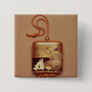 Inro showing a servant kneeling before a 15 cm square badge