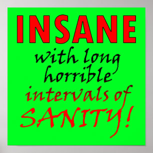 Insane With Intervals Of Sanity Funny Poster Sign