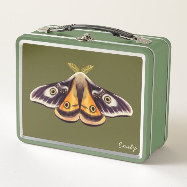 Insect Art Goblincore Saturnia Moth Green Name Metal Lunch Box (Front)