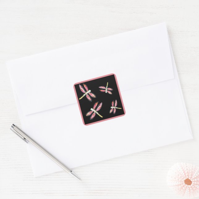 Insect Art Pink Dragonfly Square Sticker (Envelope)