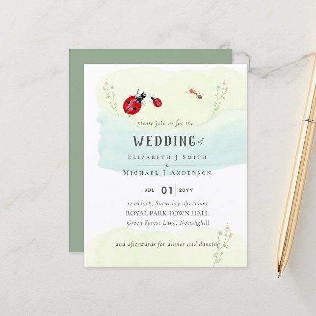 Insect Garden Pretty Watercolor WEDDING Invitation (Front/Back In Situ)