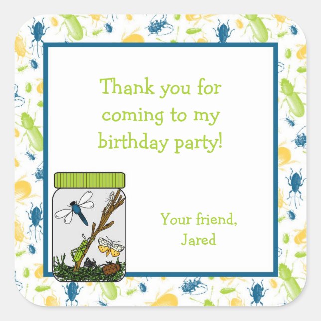 Insects Bug Jar Birthday Party Favour Treat Bag Square Sticker (Front)