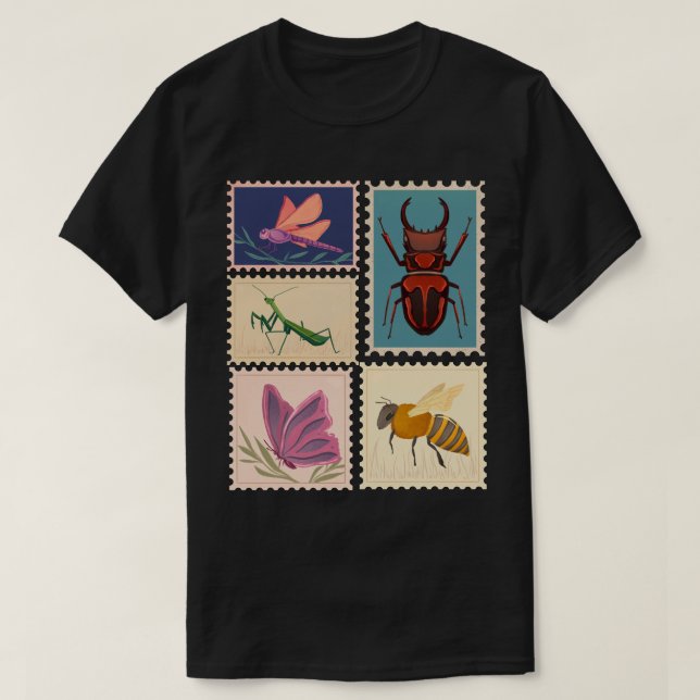 Insects Vintage Postage Stamps T-Shirt (Design Front)