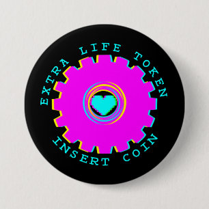 Insert Coin Retro Arcade Extra Life Gamer Heart 7.5 Cm Round Badge