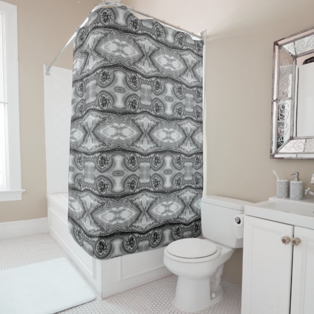 Inside a semi-precious stone grey medium pattern shower curtain (In Situ)