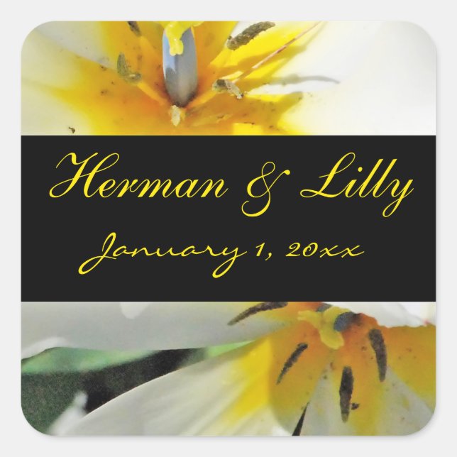 Inside White Lilies Personalised Wedding Square Sticker (Front)
