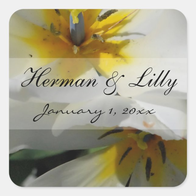 Inside White Lilies Personalised Wedding Square Sticker (Front)