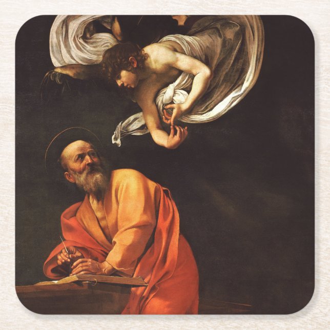 Inspiration Saint Matthew Caravaggio painting art  Square Paper Coaster (Front)