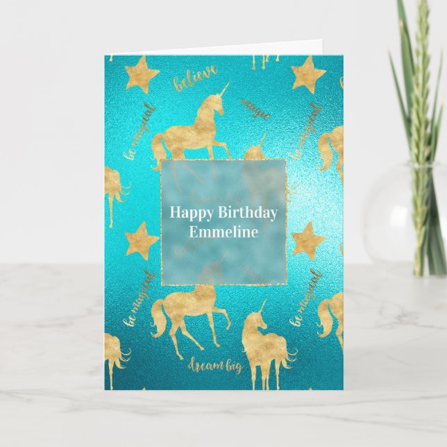 Inspirational Aqua Gold Unicorns Stars     Card (Front)