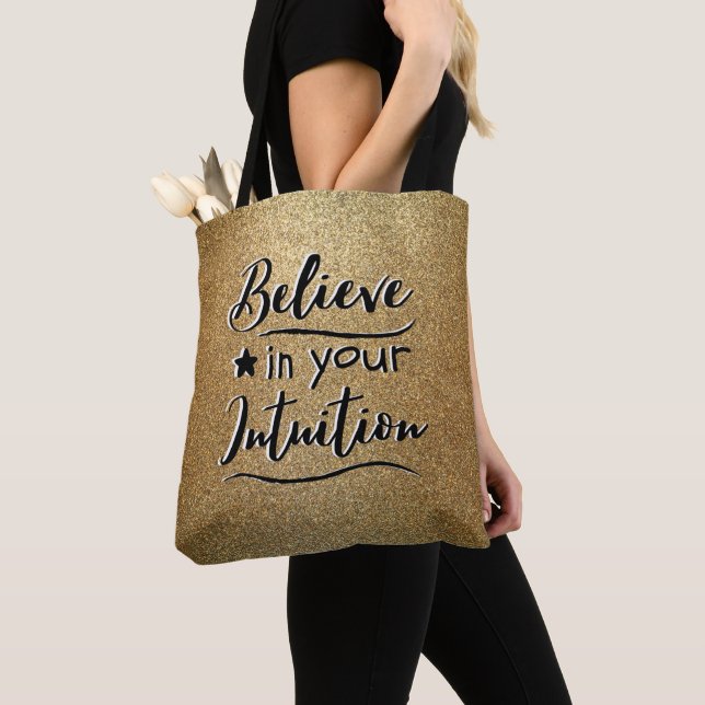 Inspirational Believe Quote Gold Glitter Tote Bag (Close Up)