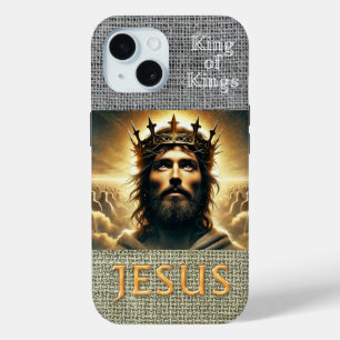 Inspirational Bible Grey Hessian Jesus King Gold iPhone 15 Case