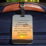 Inspirational Bible Verse Jeremiah 29:11 Christian Luggage Tag<br><div class="desc">For I know the plans I have for you, declares the Lord. Plans to prosper you and not to harm you, plans to give you hope and a future. Jeremiah 29:11 bible verse on a beautiful ocean sunrise photography gift with your personalised name. This custom inspirational quote luggage tag features...</div>